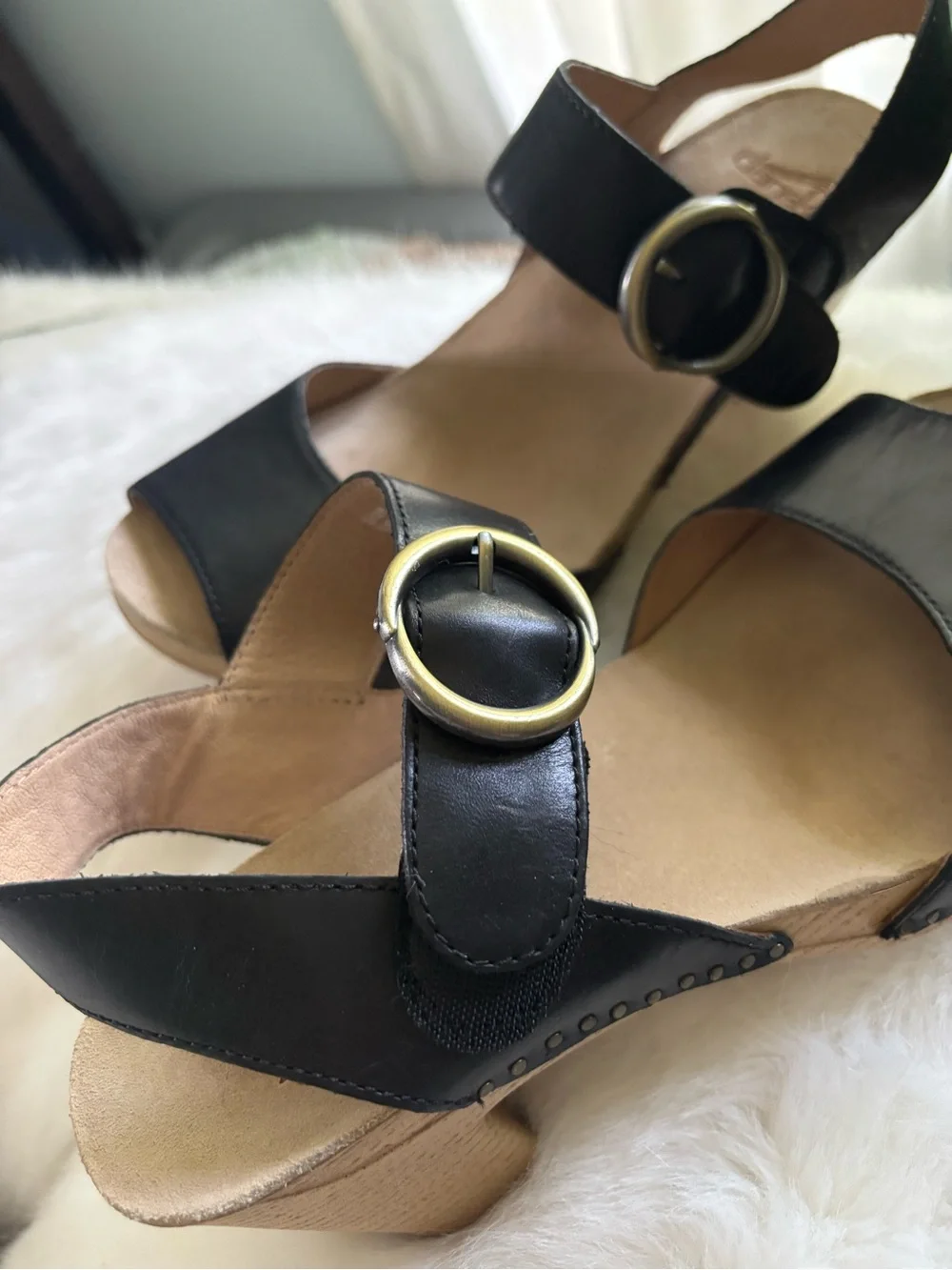 Dansko Black Leather Slingback Wedge Sandals